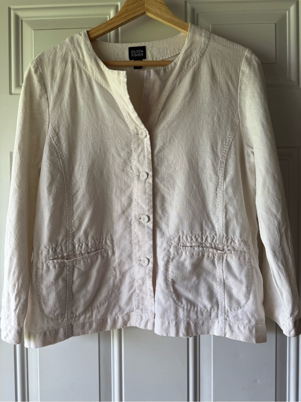 Eileen Fisher Women's Cream Irish Linen Collarless Blazer Jacket